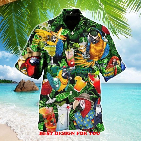 Funny Parrot Drinking Cocktail Style Print Over 3D Hawaiian Shirt