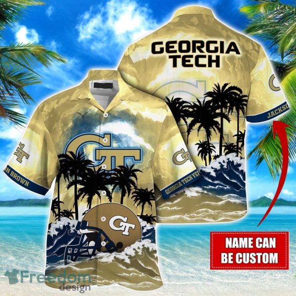 Georgia Tech Yellow Jackets NCAA Hawaiian Shirt Coconut Tree Waves Beach Hawaii Shirt Custom Name For Fans