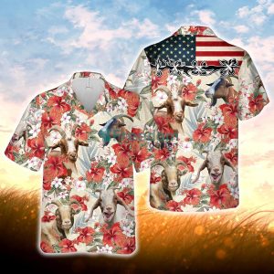 Goat Hibicus Floral US Flag 3D Hawaiian Shirt For Men Women