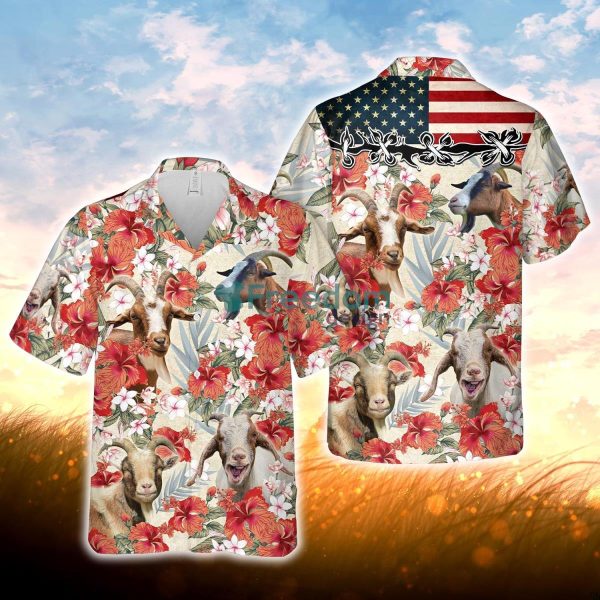 Goat Hibicus Floral US Flag 3D Hawaiian Shirt For Men Women