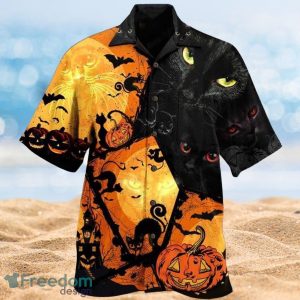 Halloween Night Black Cat And Pumpkin Design Full Over Print Hawaiian Shirt