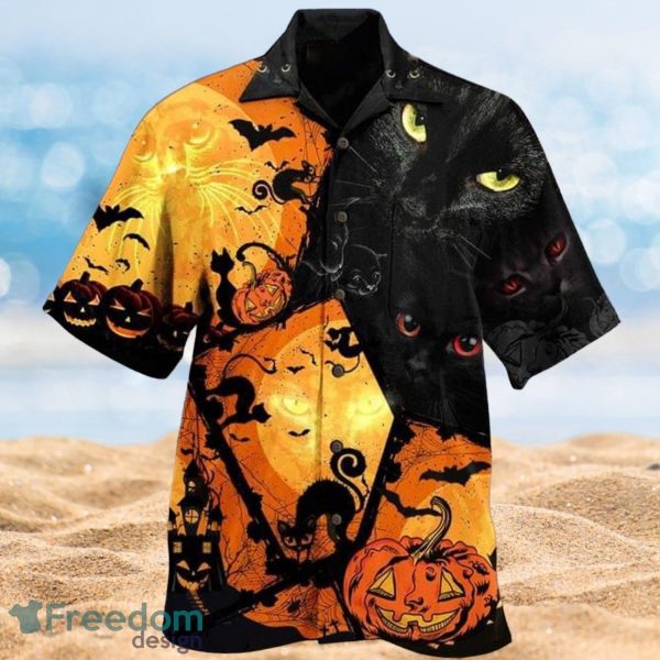 Halloween Night Black Cat And Pumpkin Design Full Over Print Hawaiian Shirt