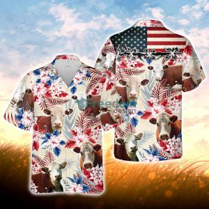 Hereford Cattle American Flag Hawaiian Flowers All Over Printed 3D Hawaiian Shirt For Men Women