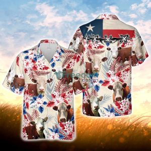 Hereford Cattle Texas Flag Hawaiian Flowers All Over Printed 3D Hawaiian Shirt For Men Women