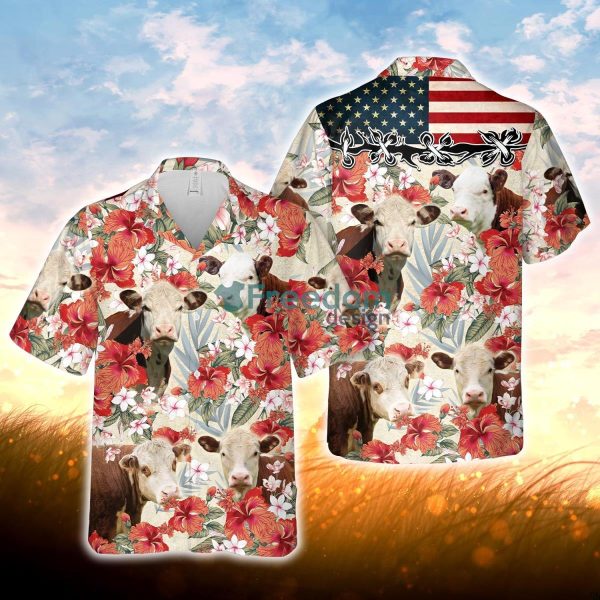 Hereford Hibicus Floral US Flag 3D Hawaiian Shirt For Men Women