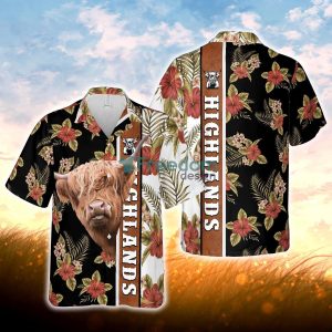 Hibiscus Flowers Highlands Cattle Brown All Over Printed 3D Hawaiian Shirt For Men Women