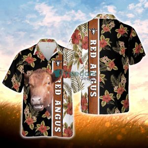 Hibiscus Flowers Red Angus Cattle Brown All Over Printed 3D Hawaiian Shirt For Men Women