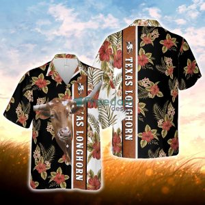 Hibiscus Flowers Texas Longhorn Cattle Brown All Over Printed 3D Hawaiian Shirt For Men Women