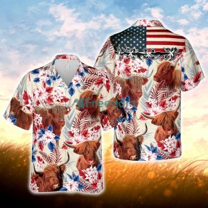 Highland Cattle American Flag Hawaiian Flowers All Over Printed 3D Hawaiian Shirt For Men Women