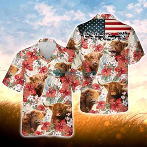 Highland Hibicus Floral US Flag 3D Hawaiian Shirt For Men Women