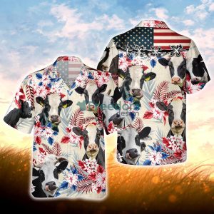 Holstein Friesian Cattle American Flag Hawaiian Flowers All Over Printed 3D Hawaiian Shirt For Men Women