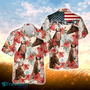 Horse Hibicus Floral US Flag 3D Hawaiian Shirt For Men Women
