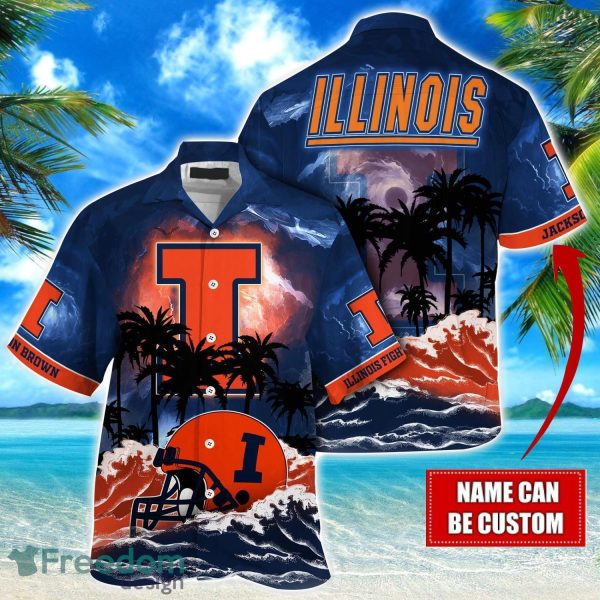 Illinois Fighting Illini NCAA Hawaiian Shirt Coconut Tree Waves Beach Hawaii Shirt Custom Name For Fans