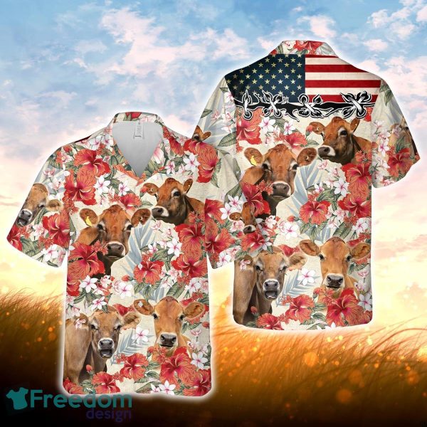 Jersey Hibicus Floral US Flag 3D Hawaiian Shirt For Men Women