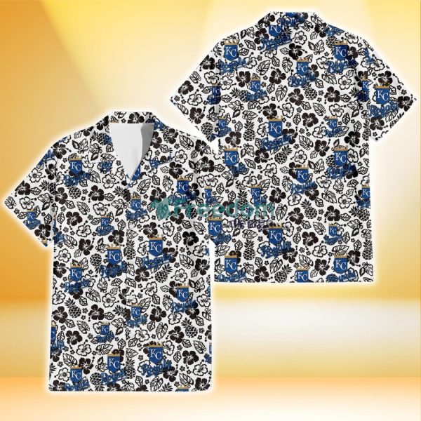 Kansas City Royals Black And White Hibiscus Leaf White Background 3D Hawaiian Shirt Gift For Fans