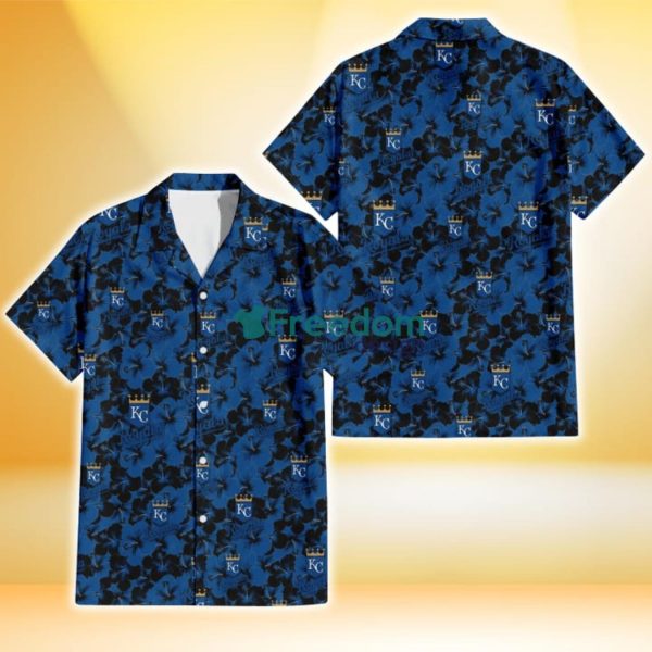 Kansas City Royals Black Dark Blue Hibiscus Black Background 3D Hawaiian Shirt Gift For Fans