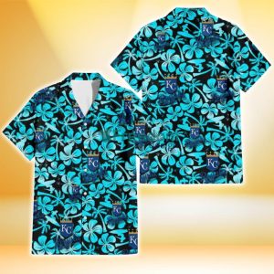 Kansas City Royals Blue Hibiscus Blue Coconut Tree Black Background 3D Hawaiian Shirt Gift For Fans