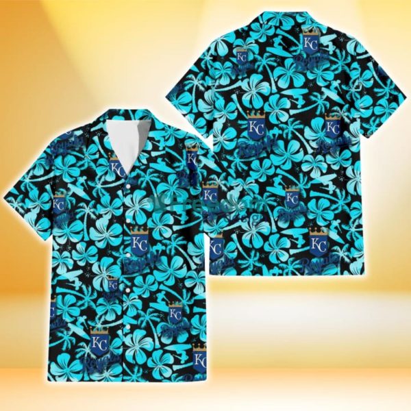 Kansas City Royals Blue Hibiscus Blue Coconut Tree Black Background 3D Hawaiian Shirt Gift For Fans