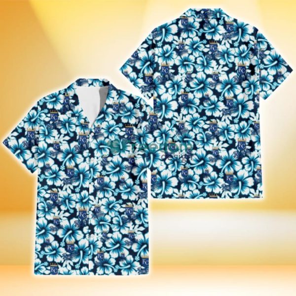 Kansas City Royals Blue Line White Hibiscus Black Background 3D Hawaiian Shirt Gift For Fans
