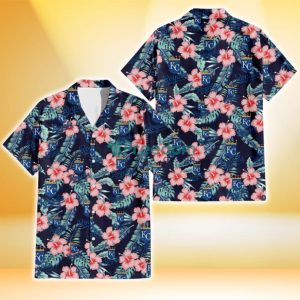 Kansas City Royals Coral Hibiscus Green Banana Leaf Black Background 3D Hawaiian Shirt Gift For Fans