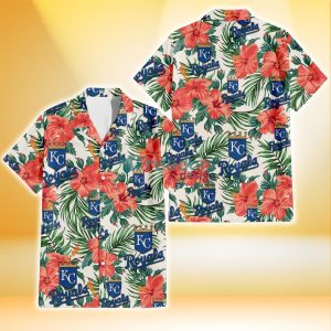 Kansas City Royals Coral Hibiscus Green Leaf Beige Background 3D Hawaiian Shirt Gift For Fans
