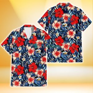 Kansas City Royals Coral Red Hibiscus Blue Palm Leaf Black Background 3D Hawaiian Shirt Gift For Fans