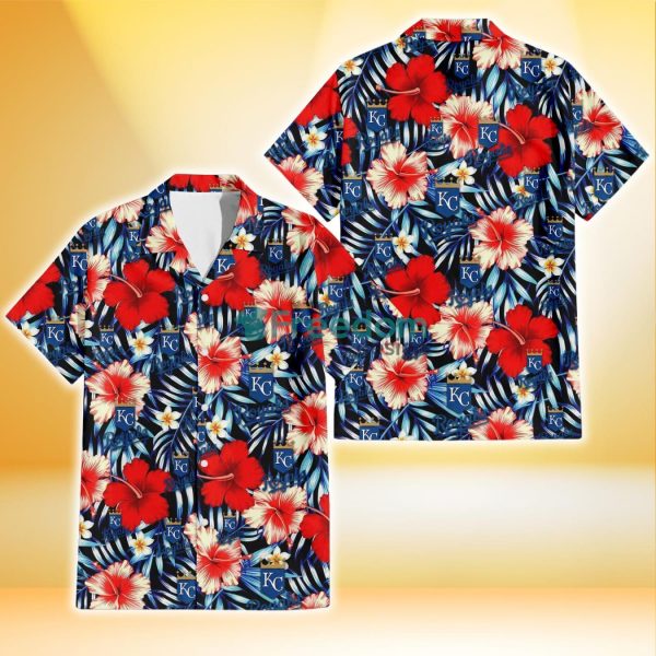 Kansas City Royals Coral Red Hibiscus Blue Palm Leaf Black Background 3D Hawaiian Shirt Gift For Fans