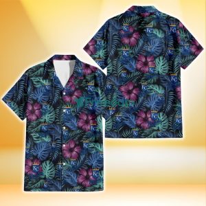 Kansas City Royals Dark Magenta Green Leaf Black Background 3D Hawaiian Shirt Gift For Fans