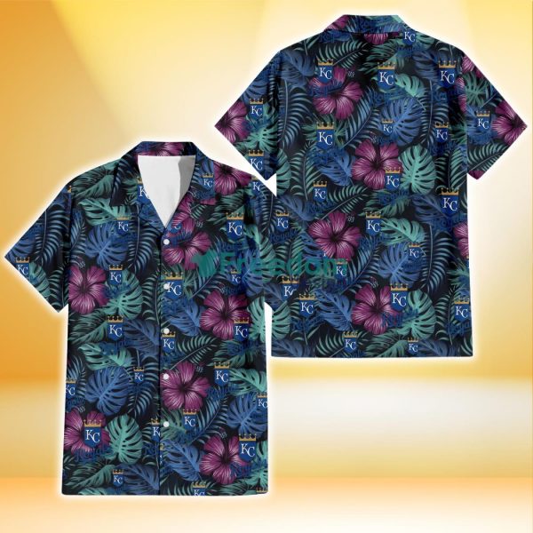 Kansas City Royals Dark Magenta Green Leaf Black Background 3D Hawaiian Shirt Gift For Fans