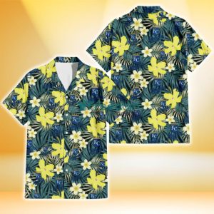 Kansas City Royals Hibiscus Green Palm Leaf Black Background 3D Hawaiian Shirt Gift For Fans