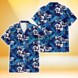 Kansas City Royals Light Blue Hibiscus Banana Leaf Navy Background 3D Hawaiian Shirt Gift For Fans