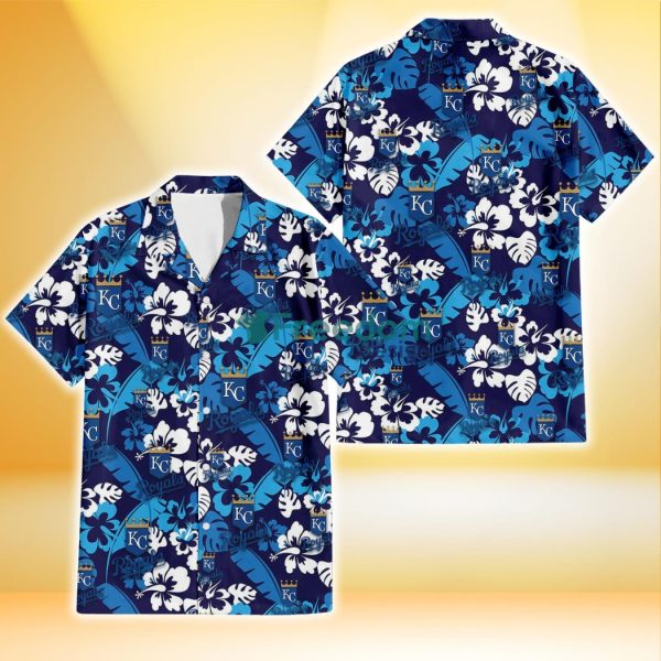 Kansas City Royals Light Blue Hibiscus Banana Leaf Navy Background 3D Hawaiian Shirt Gift For Fans