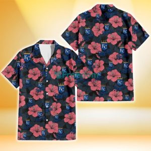 Kansas City Royals Light Coral Hibiscus Gray Leaf Black Background 3D Hawaiian Shirt Gift For Fans