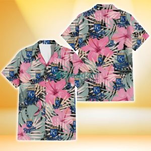 Kansas City Royals Light Pink Hibiscus Pale Green Leaf Black Background 3D Hawaiian Shirt Gift For Fans
