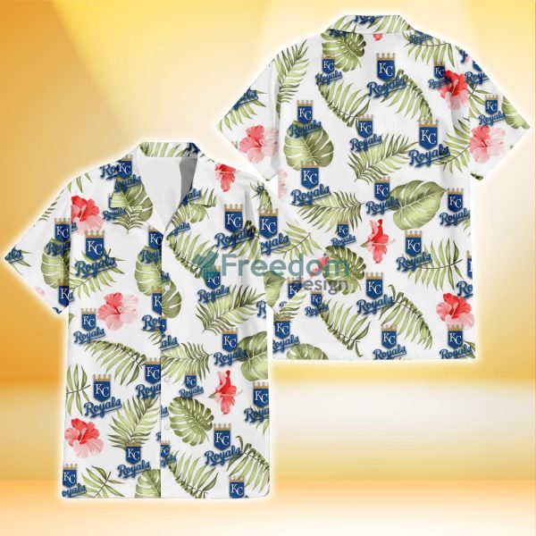 Kansas City Royals Light Salmon Hibiscus Green Leaf White Background 3D Hawaiian Shirt Gift For Fans