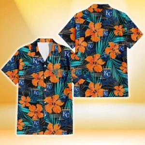 Kansas City Royals Orange Hibiscus Blue Gray Leaf Black Background 3D Hawaiian Shirt Gift For Fans