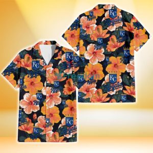 Kansas City Royals Orange Hibiscus Dark Green Leaf Black Background 3D Hawaiian Shirt Gift For Fans