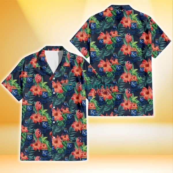 Kansas City Royals Orange Hibiscus Green Tropical Leaf Dark Background 3D Hawaiian Shirt Gift For Fans