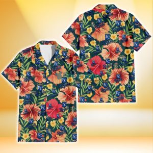 Kansas City Royals Orange Red Hibiscus Green Leaf Dark Background 3D Hawaiian Shirt Gift For Fans
