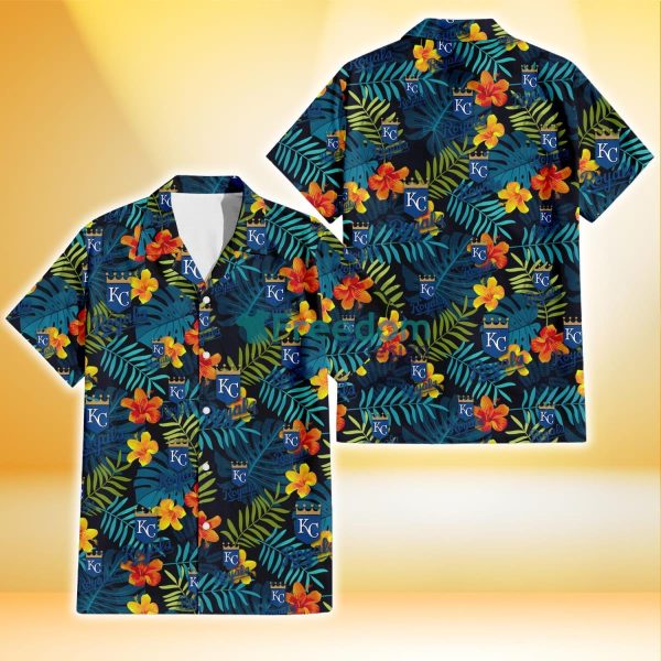 Kansas City Royals Orange Yellow Green Leaf Black Background 3D Hawaiian Shirt Gift For Fans