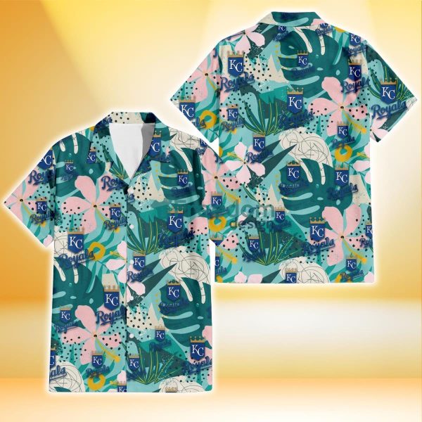 Kansas City Royals Pastel Hibiscus Palm Leaf Tiny Dot Green Background 3D Hawaiian Shirt Gift For Fans