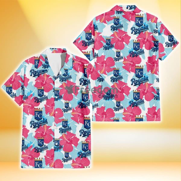 Kansas City Royals Pink Blue Hibiscus White Background 3D Hawaiian Shirt Gift For Fans