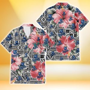 Kansas City Royals Pink Hibiscus Black Pattern White Background 3D Hawaiian Shirt Gift For Fans