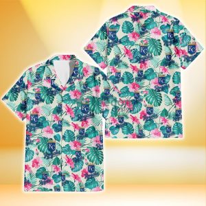 Kansas City Royals Pink Hibiscus Green Leaf Beige Background 3D Hawaiian Shirt Gift For Fans