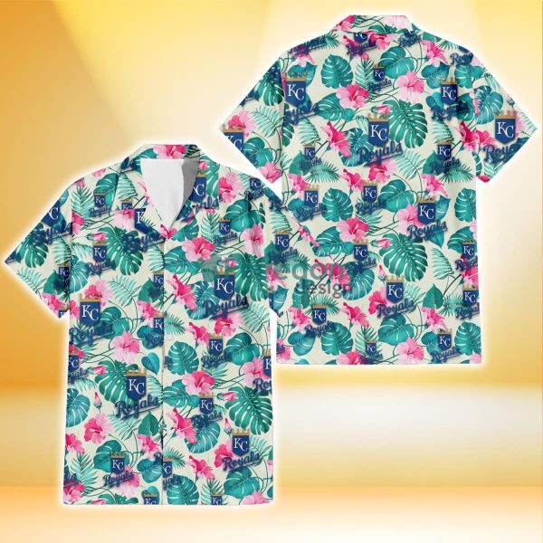 Kansas City Royals Pink Hibiscus Green Leaf Beige Background 3D Hawaiian Shirt Gift For Fans