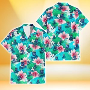 Kansas City Royals Pink Hibiscus Green Leaf Blue Background 3D Hawaiian Shirt Gift For Fans