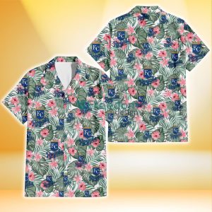 Kansas City Royals Pink Hibiscus Porcelain Flower Tropical Leaf White Background 3D Hawaiian Shirt Gift For Fans