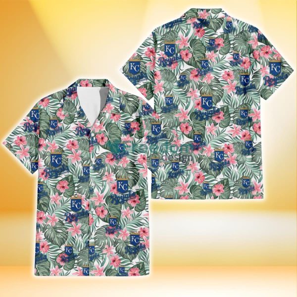 Kansas City Royals Pink Hibiscus Porcelain Flower Tropical Leaf White Background 3D Hawaiian Shirt Gift For Fans