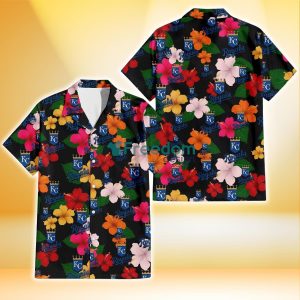 Kansas City Royals Pink Orange Yellow White Hibiscus Black Background 3D Hawaiian Shirt Gift For Fans