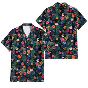Kansas City Royals Pink Yellow Orange Hibiscus Big Tropical Leaf Black Background 3D Hawaiian Shirt Gift For Fans